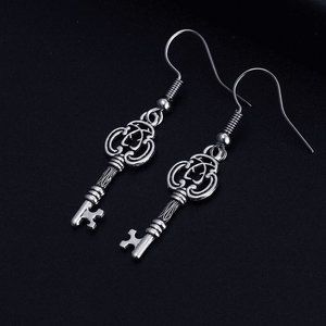 Trendy Key Shape Dangle Antique Silver Plated Earrings for Woman, K398